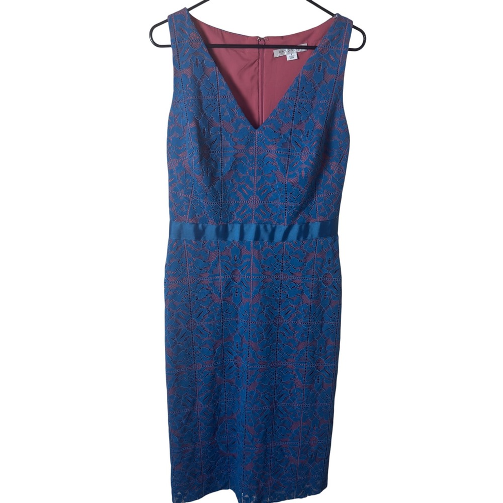 Kay Unger Lace Sheath Dress Blue Mauve Womens 8 Cocktail Wedding Guest‎ V-Neck